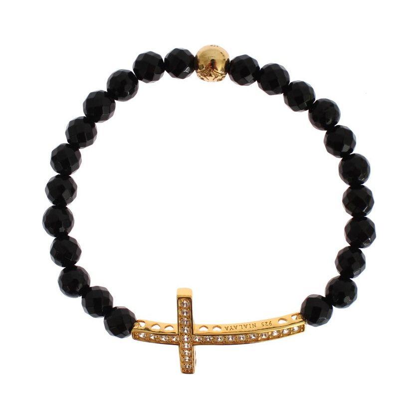 Nialaya Agate Stone Gold CZ Cross 925 Silver Bracelet