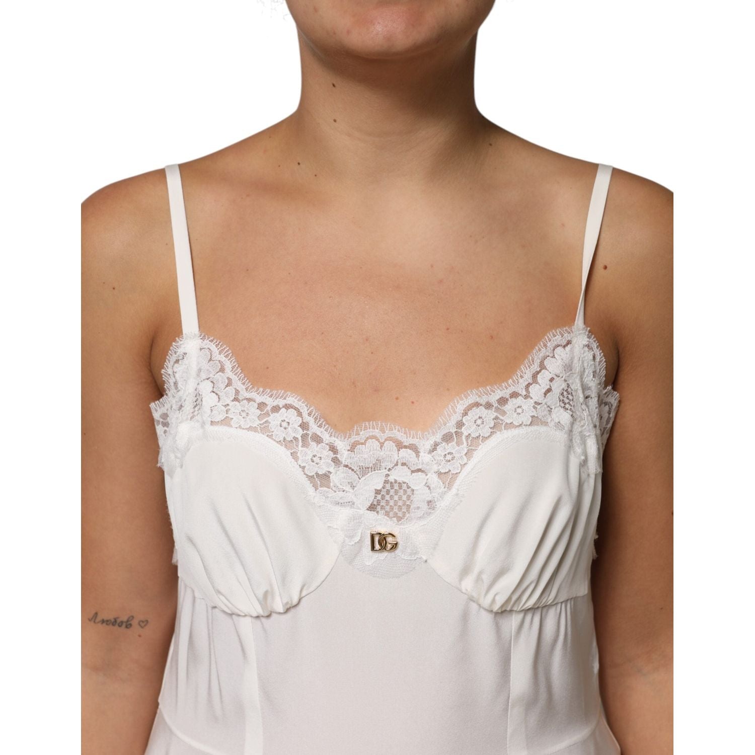 Dolce & Gabbana White Lace Gold DG Logo Silk Dress Sleepwear