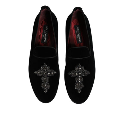 Dolce & Gabbana Black Velvet Embellished Loafer Slip On Shoes