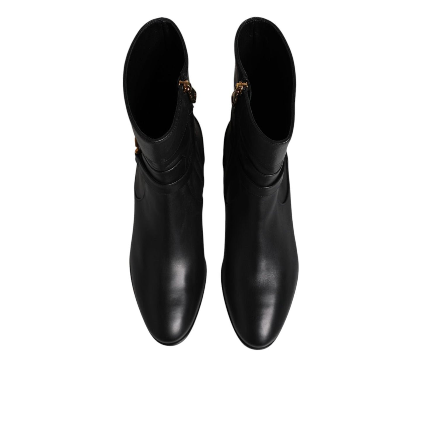 Dolce & Gabbana Black Leather Flats Logo Short Boots Shoes