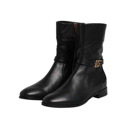 Dolce & Gabbana Black Leather Flats Logo Short Boots Shoes