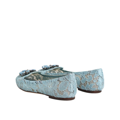 Dolce & Gabbana Blue Lace Crystal Ballet Flats Loafers Shoes