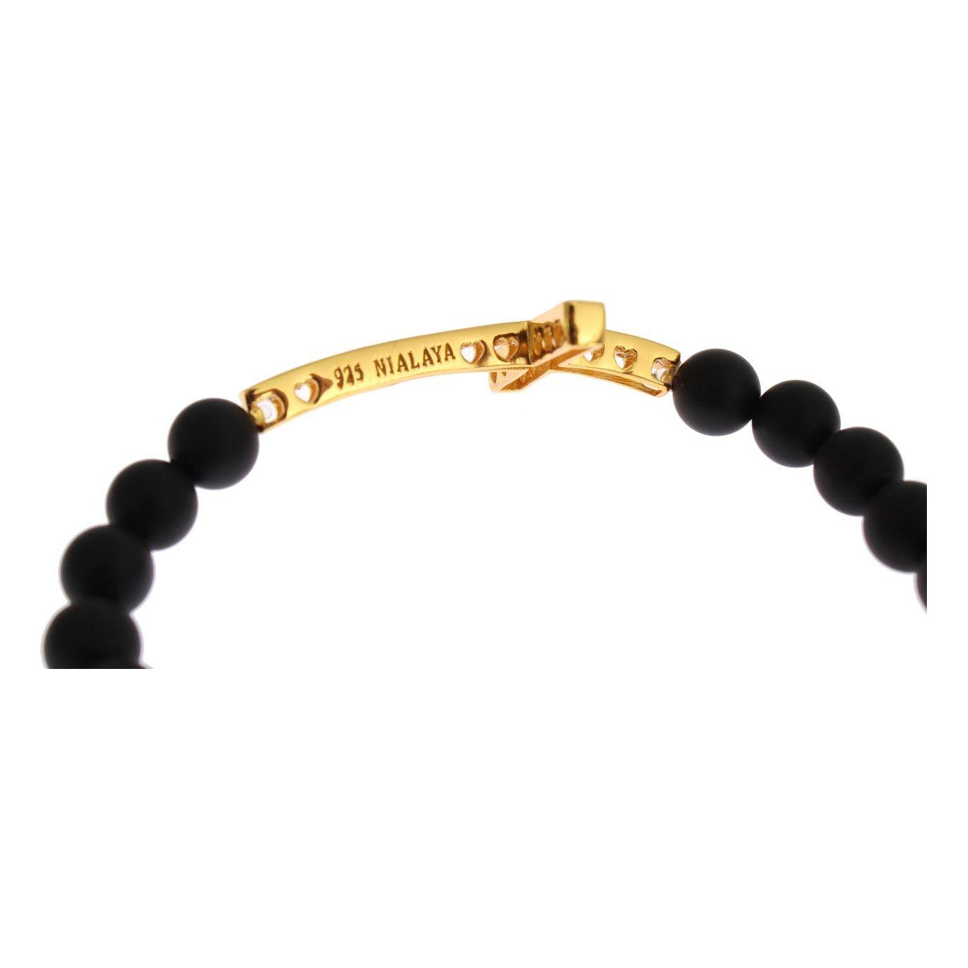 Nialaya Matte Onyx Stone Gold CZ Cross 925 Silver Bracelet Bracelet