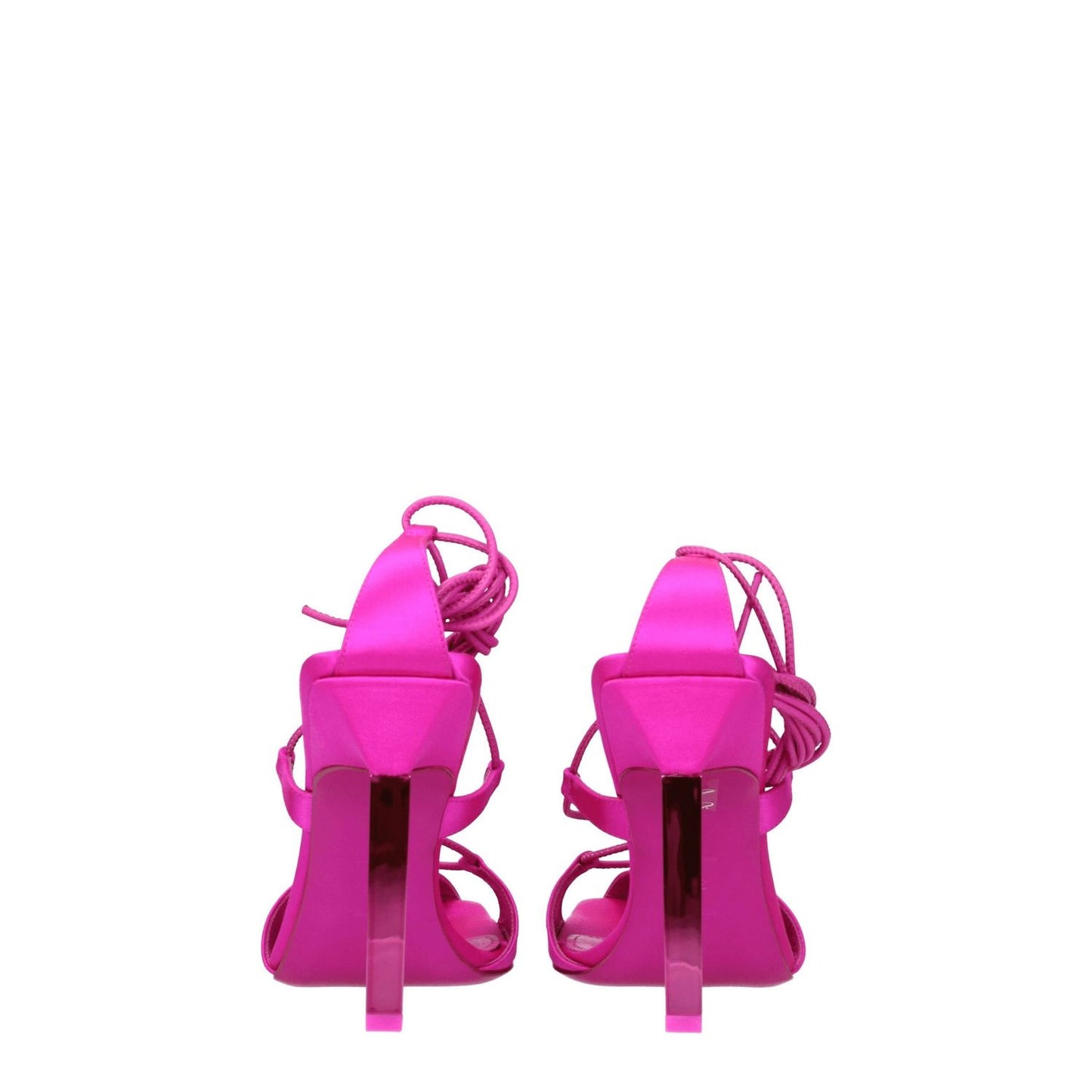 The Attico Pink Satin Stiletto Heel Sandals with high heels and self-tie closures, featuring a fuchsia satin design and open toe.