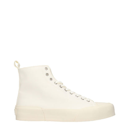 Jil Sander Beige Fabric High Top Sneakers with back logo, lace-up closure, rubber sole, mid heel, sporty glam style, and round toe.