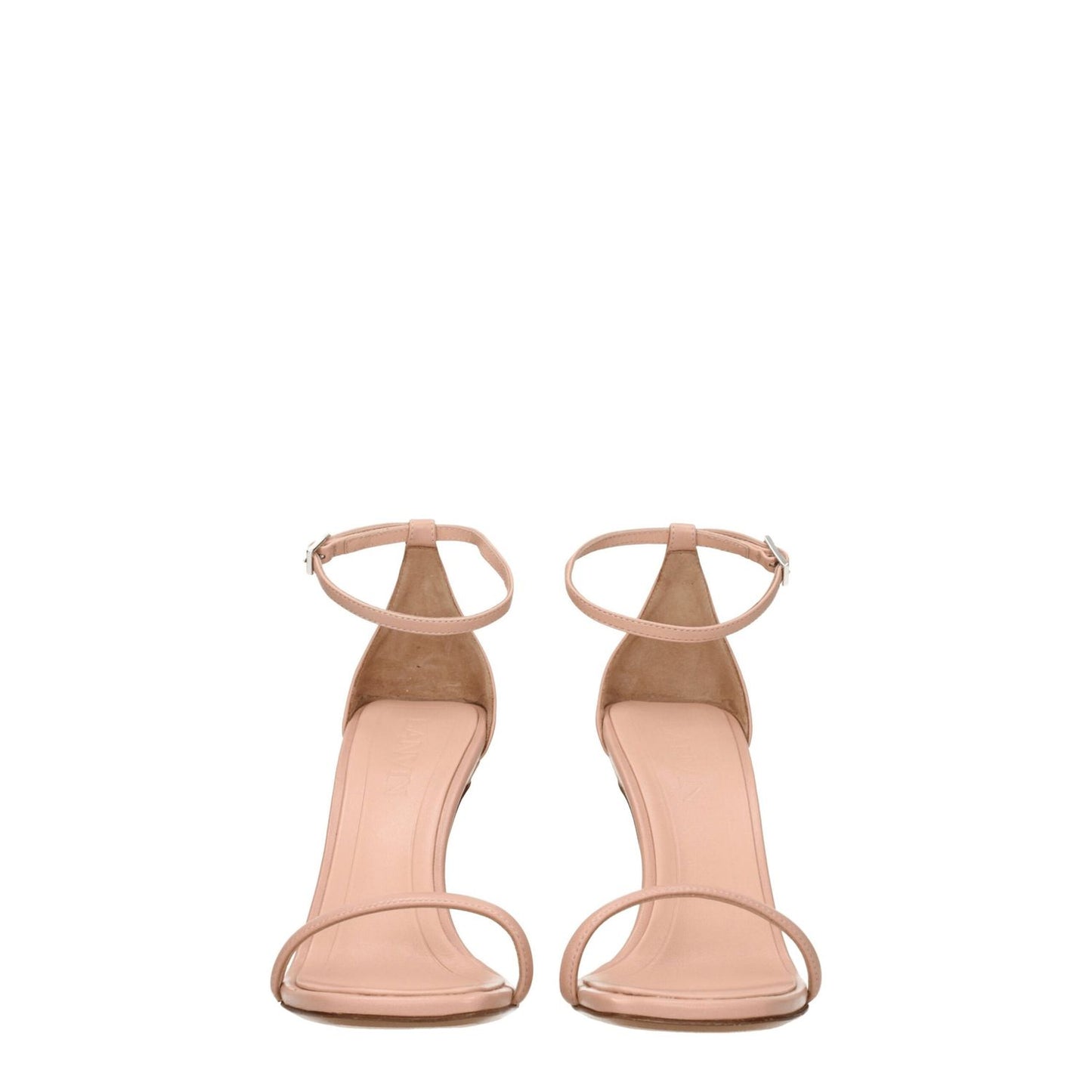 Lanvin Pink Leather Stiletto Heel Sandals with buckle closure and open toe design, featuring 9.5 cm high heel and apricot accents.