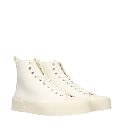 Jil Sander Beige Fabric High Top Sneakers with lace-up design, rubber sole, and round toe - sporty glam style.