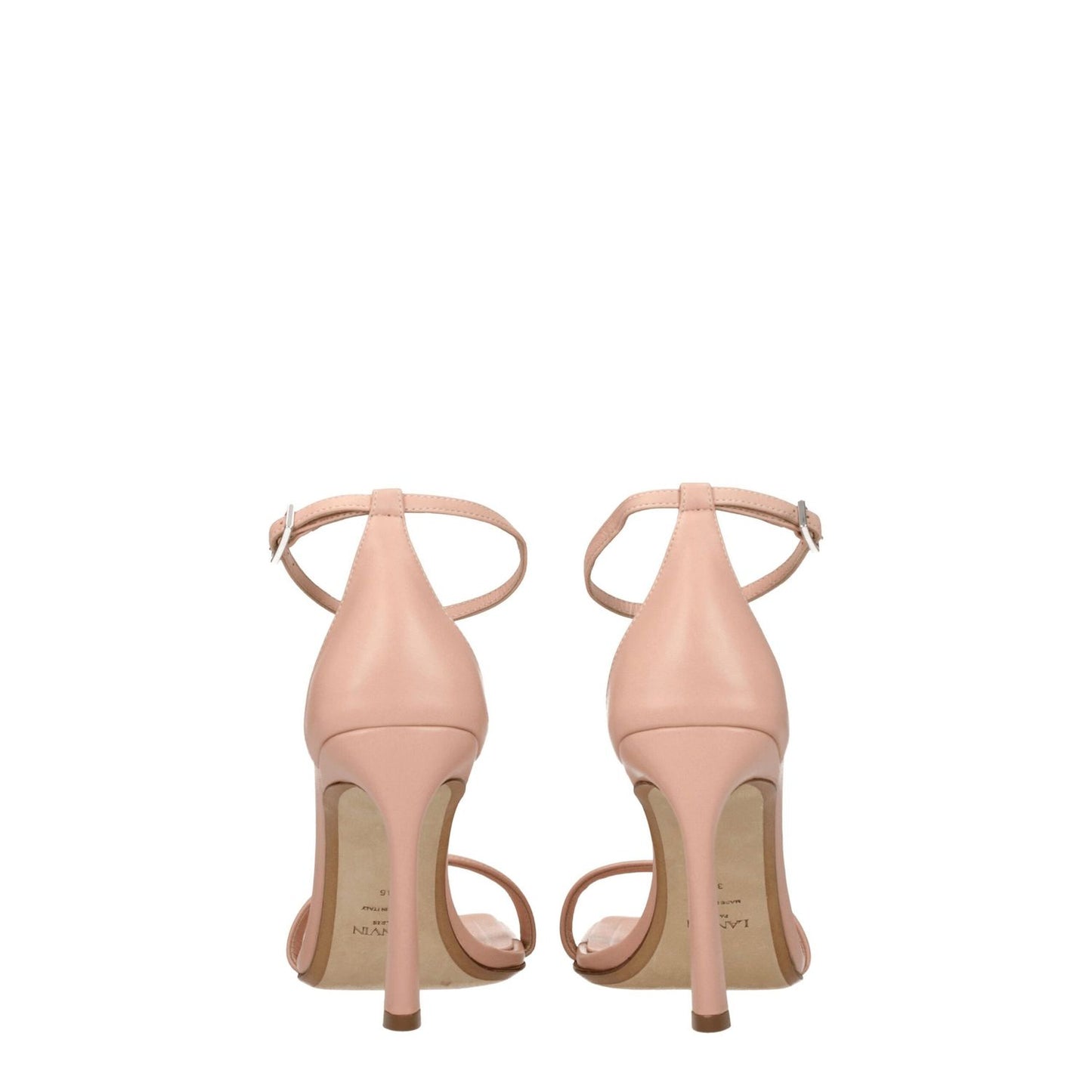 Rear view of Lanvin Pink Leather Stiletto Heel Sandals with buckle closure and open toe design.