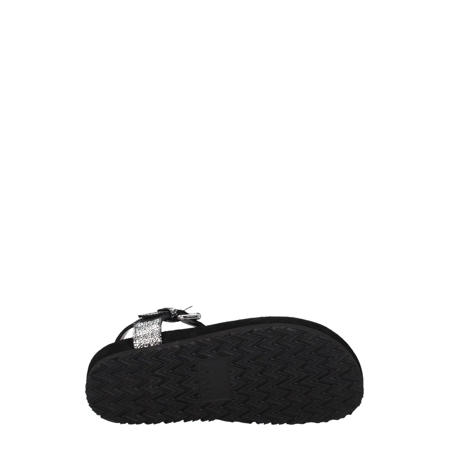 Isabel Marant Black Leather Flip-Flop Sandals with silver detail, open toe, low flat heel, suede material, and rubber sole.