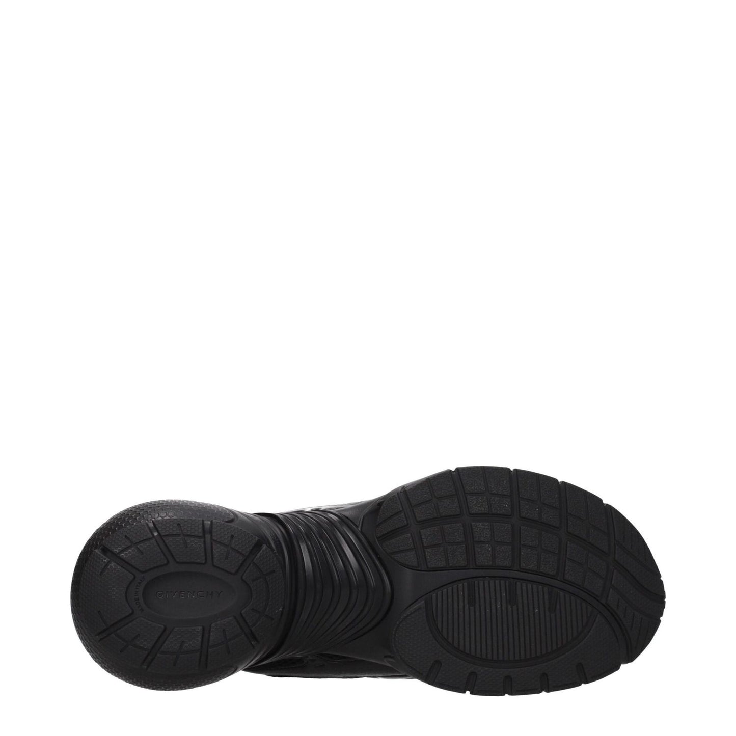 Sole view of Givenchy Black Fabric Athletic Sneakers showing rubber sole and tread design for durability and style.