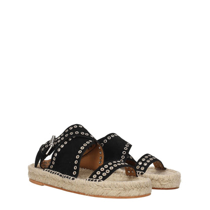 Isabel Marant Black Leather Flat Sandals with studs, open toe design, buckle closure, and leather sole, perfect for casual style.