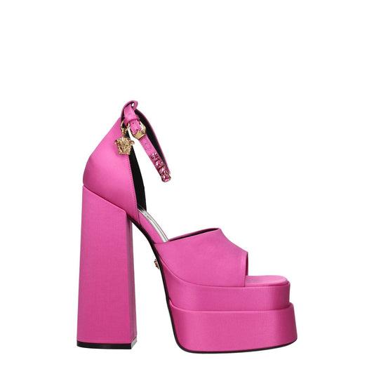 Versace Pink Satin Platform Sandals with high heel, open toe, buckle closure, rhinestone detail, and leather sole. Fashionable and elegant footwear.