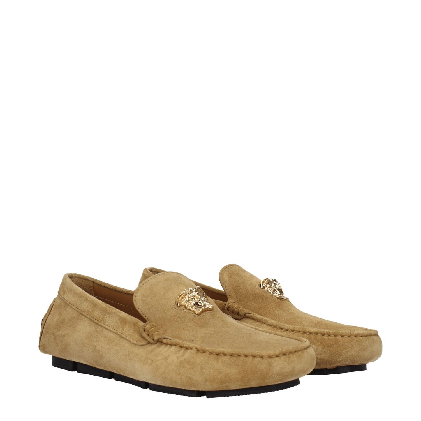 Versace Beige Leather Slip-On Loafers with gold logo, casual suede design, round toe, low flat heel, and leather sole.