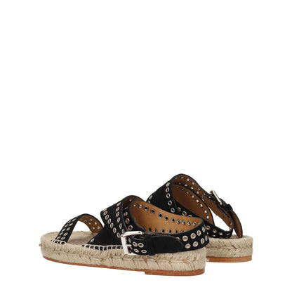 Isabel Marant Black Leather Flat Sandals with studs and buckle closure, featuring a vintage silver-studded design. Open toe and low heel style.