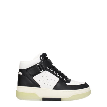 Amiri Black Leather High Top Sneakers with lace-up closure and wedge heel, featuring front and back logos, street style design.