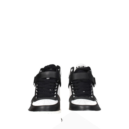 Amiri Black Leather High Top Sneakers with round toe, lace-up closure, and wedge heel, featuring front and back logos.
