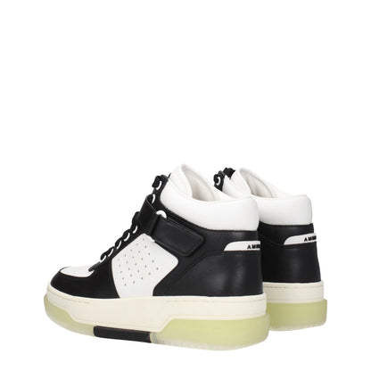 Amiri Black Leather High Top Sneakers with front and back logo, lace-up closure, wedge heel, and rubber sole in black and white design.