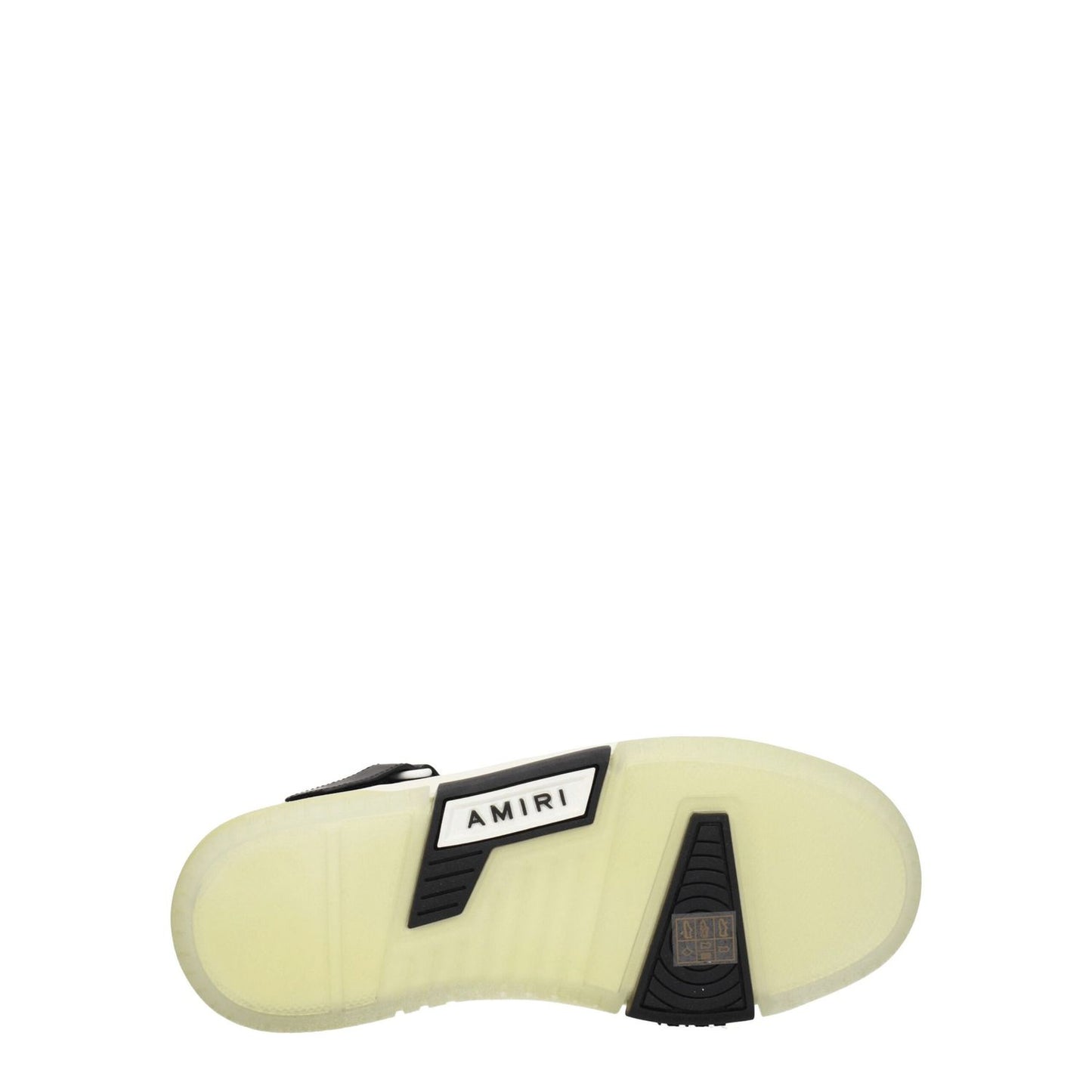 Sole view of Amiri Black Leather High Top Sneakers with logo detailing, featuring rubber sole and wedge heel.