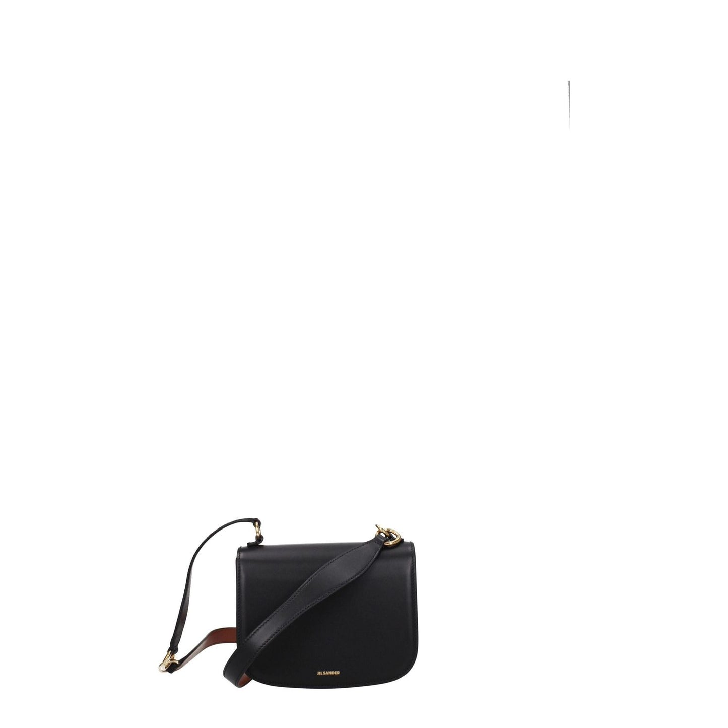 Jil Sander Black Leather Handbag with gold details, front logo, and removable handle, perfect for casual style.