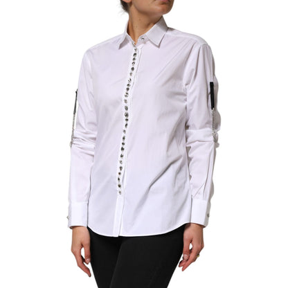 Dolce & Gabbana White Crystal Embellished Collared Shirt Top