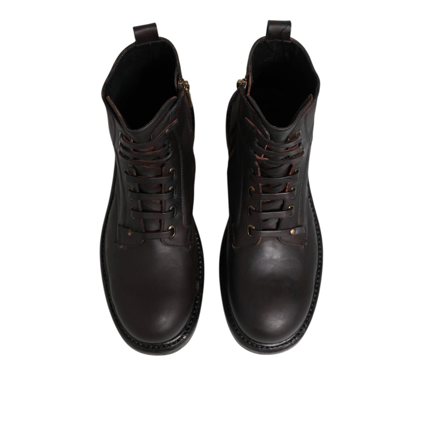 Dolce & Gabbana Dark Brown Leather Lace Up Mid Calf Boots Shoes