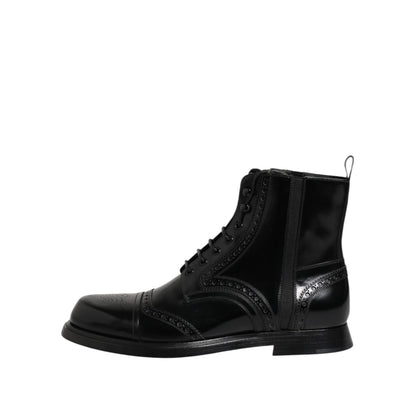 Dolce & Gabbana Black Leather Lace Up Mid Calf Boots Shoes