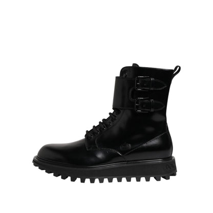 Dolce & Gabbana Black Leather Lace Up Mid Calf Boots Shoes