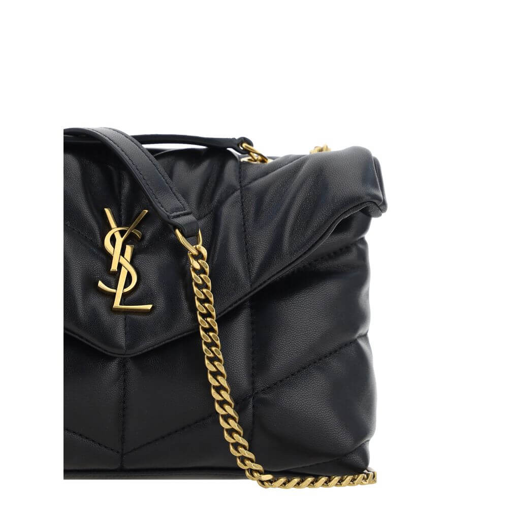 Saint Laurent Black Lamb Ovis Aries Aries Shoulder Bag with gold chain detail and YSL logo