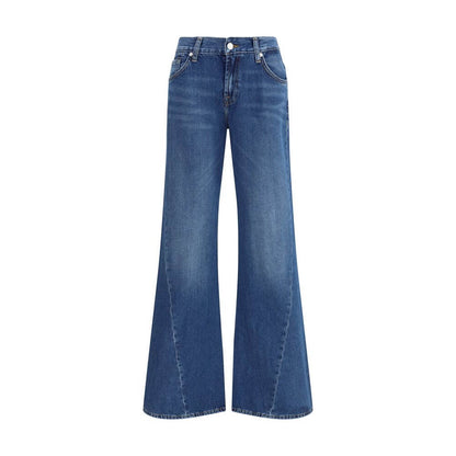 7FOR Blue Cotton Flared Jeans with five-pocket design and slight flare, dark blue denim with shading and whiskers, zip-and-button front.