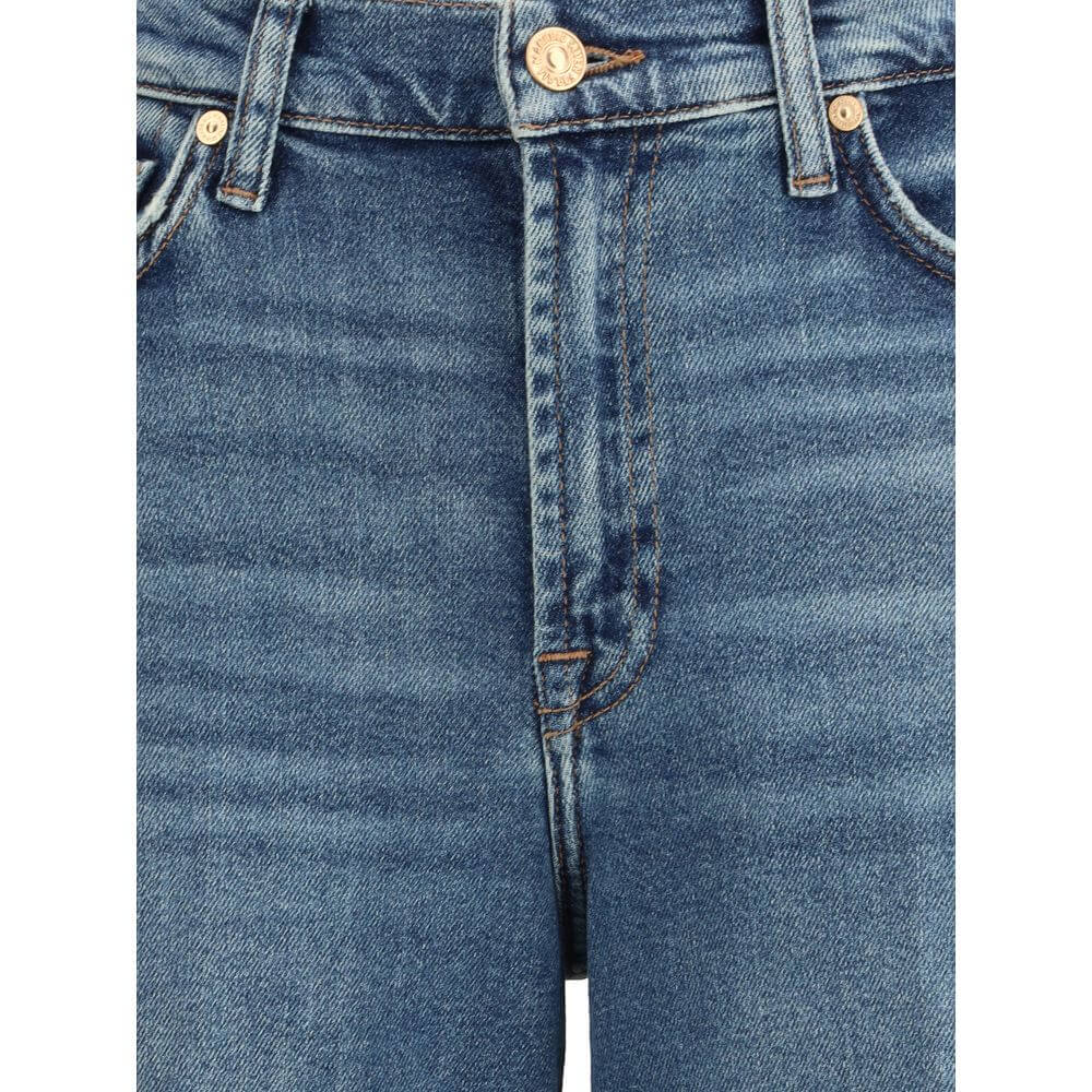 7FOR Blue Cotton Flared Jeans with vintage aesthetic, featuring wide leg, high waist, and Luxe Vintage denim for softness and stretch.