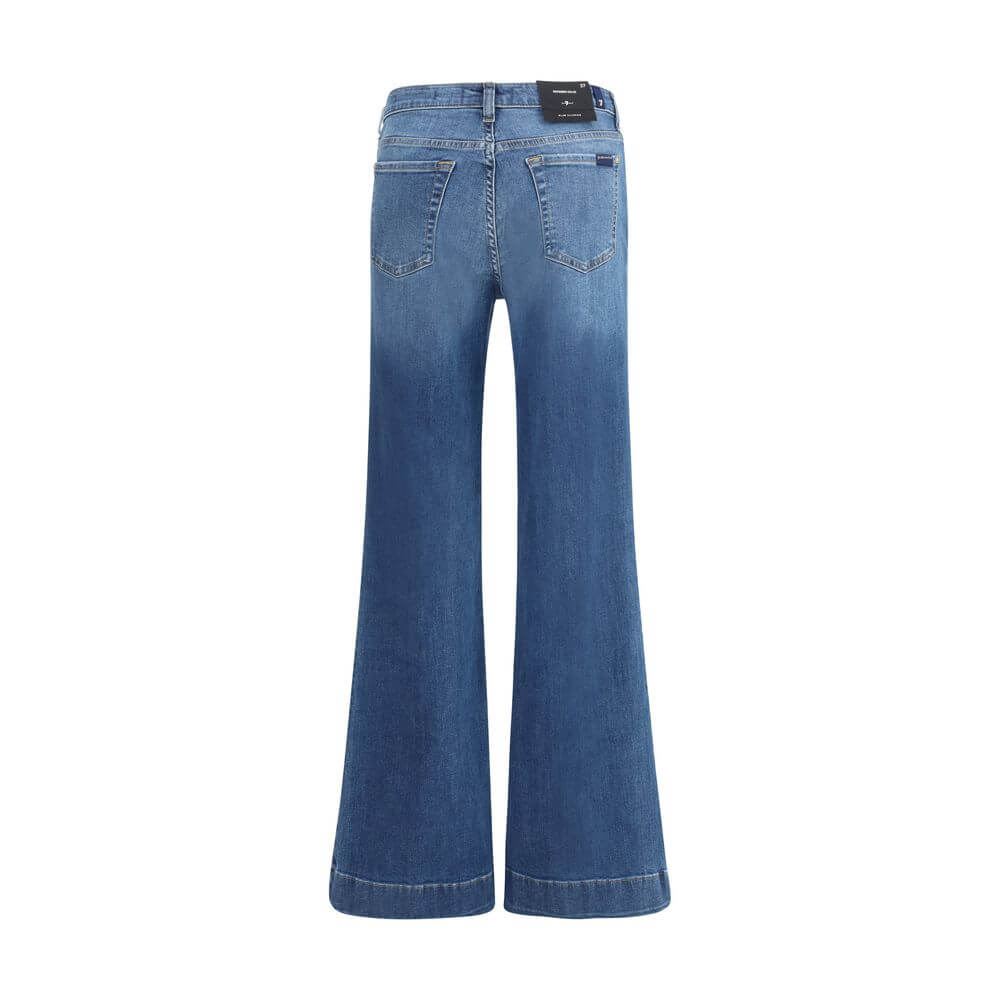 Back view of 7FOR Blue Cotton Flared Jeans with flared cut and patch pockets, showcasing modern silhouette for contemporary fashion.