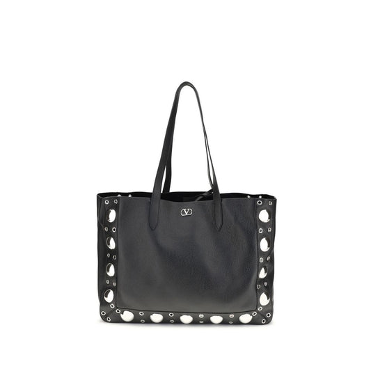 Valentino Garavani Black Calf Leather Bos Taurus Shoulder Bag with studded details and VLogo emblem, showcasing luxury and elegance.