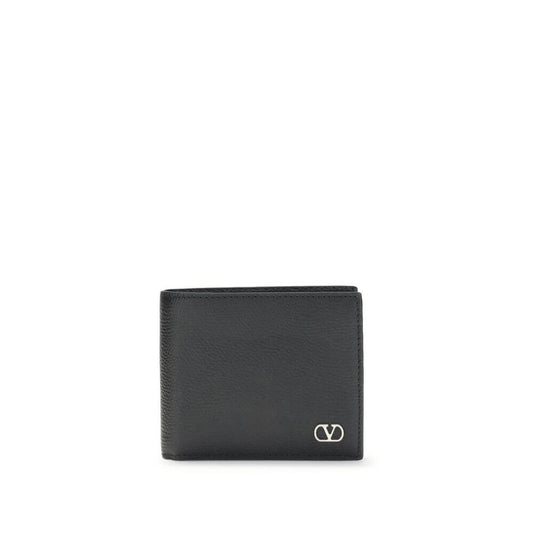 Valentino Garavani Black Calf Leather Bos Taurus Wallet with VLogo plaque, featuring eight card slots and a banknote compartment.