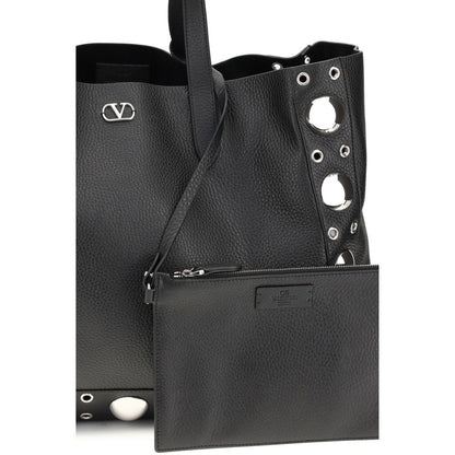 Valentino Garavani Black Calf Leather Bos Taurus Shoulder Bag with metal studs and VLogo, featuring removable pouch for practicality.