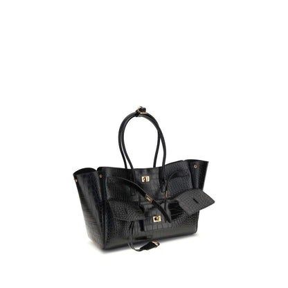 Balenciaga Black Calf Leather Bos Taurus Shoulder Bag with gold hardware, embossed logo, and crocodile-effect design.