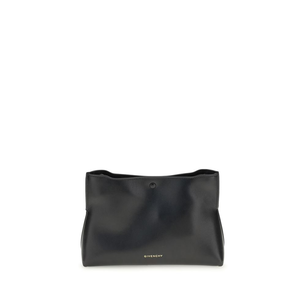 Givenchy Black Calf Leather Bos Taurus Clutch Bag with gold logo, magnetic closure, and removable strap for versatile styling.