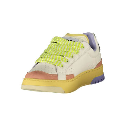 Blauer White Leather Women Sneaker with cream, antique pink, and wisteria accents, featuring vibrant yellow laces and logo details.