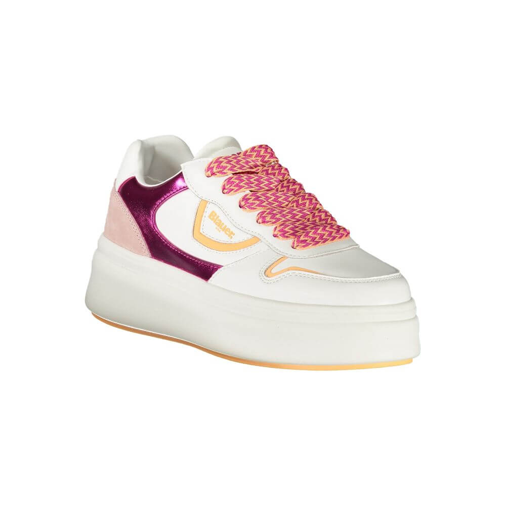 Blauer White Leather Women Sneaker with fuchsia accents and contrasting laces for trendy fashion-forward statement.