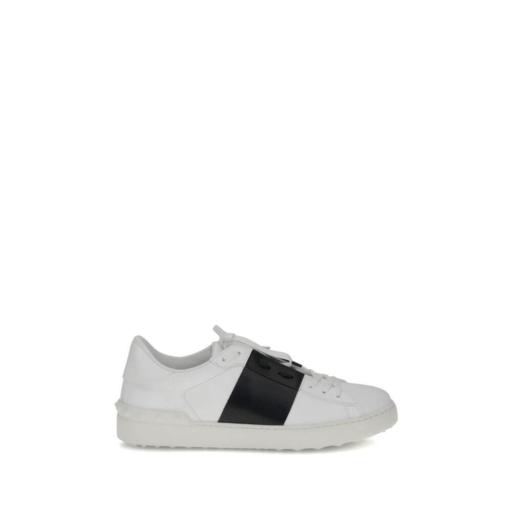 Valentino Garavani White Calf Leather Bos Taurus Low Top Sneakers with contrasting bands and studs.