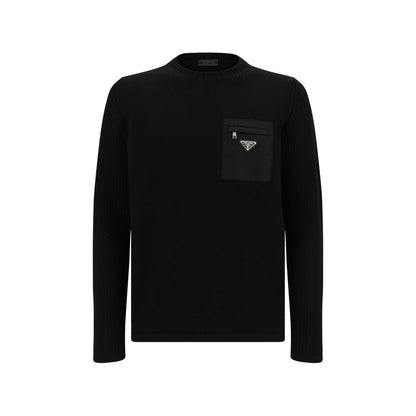 Prada Black Fleece Wool Sweatshirt with ribbed crew neck, zipper pocket, and triangular metal logo plaque.