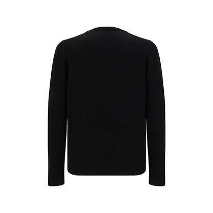 Back view of Prada Black Fleece Wool Sweatshirt with ribbed crew neck and zipper pocket, featuring iconic brand logo, made from virgin wool knit.