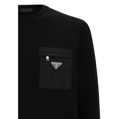 Prada Black Fleece Wool Sweatshirt with ribbed crew neck and zipper pocket with brand logo plaque, monochrome design.