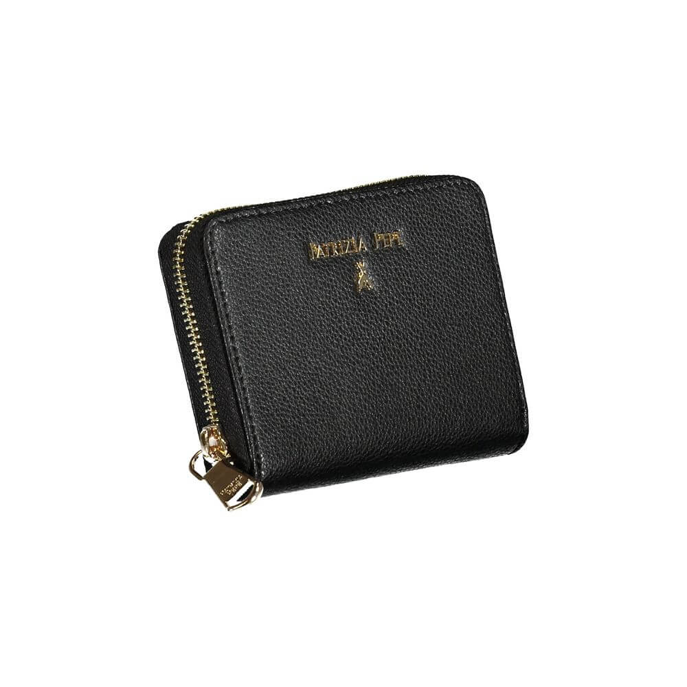 Patrizia Pepe Black Leather Wallet with zip closure, 2 compartments, coin purse, card spaces, and logo.