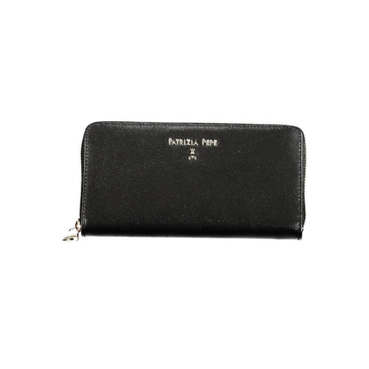 Patrizia Pepe Black Leather Wallet with zip closure, 6 compartments, card slots, and coin purse, showcasing brand logo.