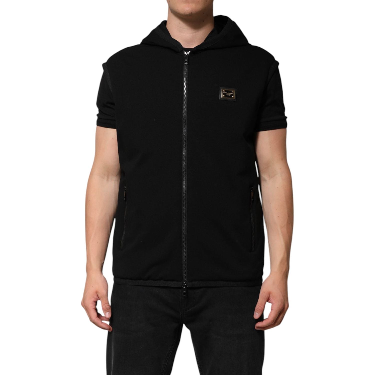 Dolce & Gabbana Black Sleeveless Hooded Logo Plaque Jacket