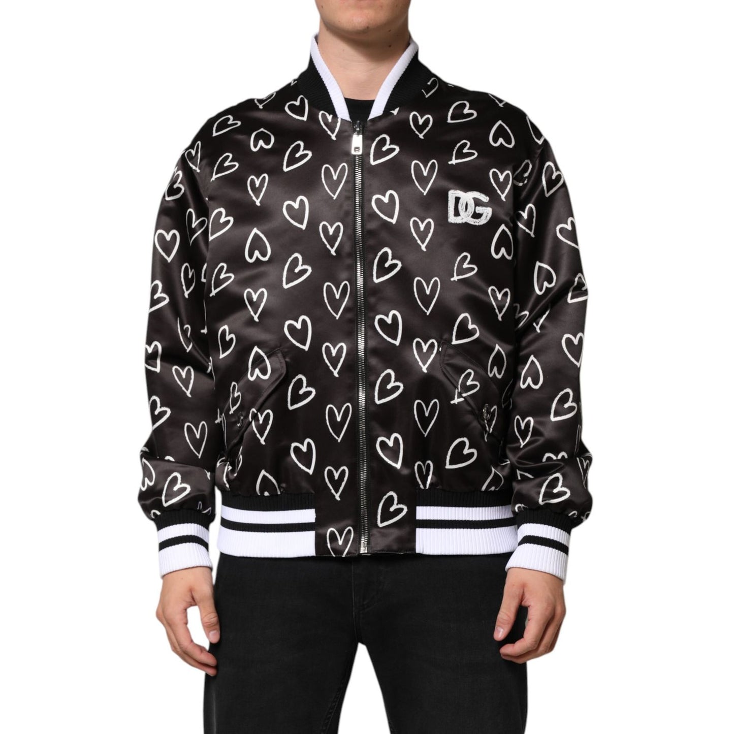 Dolce & Gabbana Black Polyester Heart Print Bomber Jacket