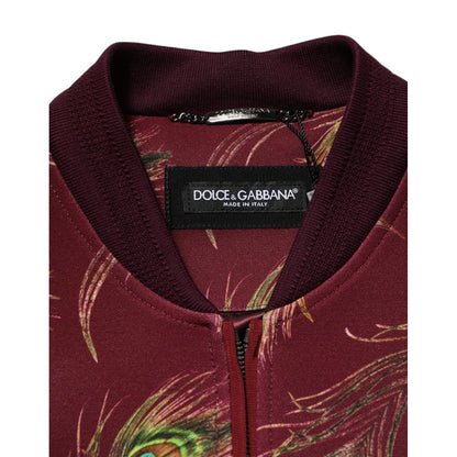 Dolce & Gabbana Maroon Peacock Feather Print Bomber Jacket