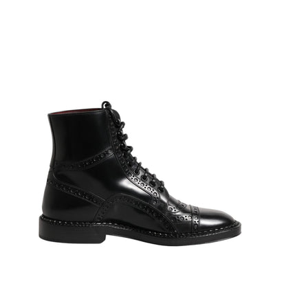 Dolce & Gabbana Black Leather Lace Up Mid Calf Boots Shoes