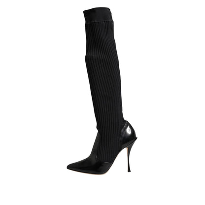 Dolce & Gabbana Black Leather Ribbed Knit Knee Boots Shoes