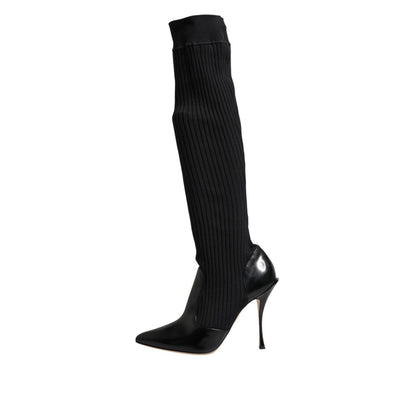 Dolce & Gabbana Black Leather Ribbed Knit Knee Boots Shoes